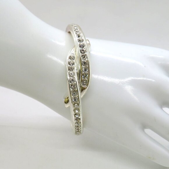 Foldover Bracelet Silver Tone Rhinestone Knot Bangle Hinged Closure - Picture 1 of 13